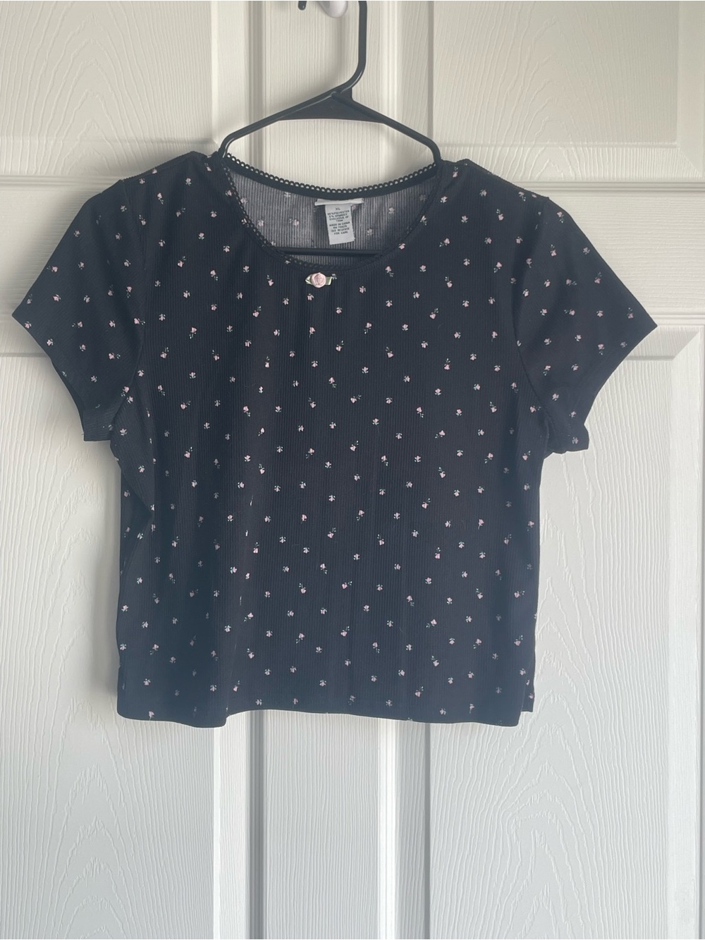 Black Ribbed Short Sleeve Top with Pink Floral Dots and 3D Floral detail lace
